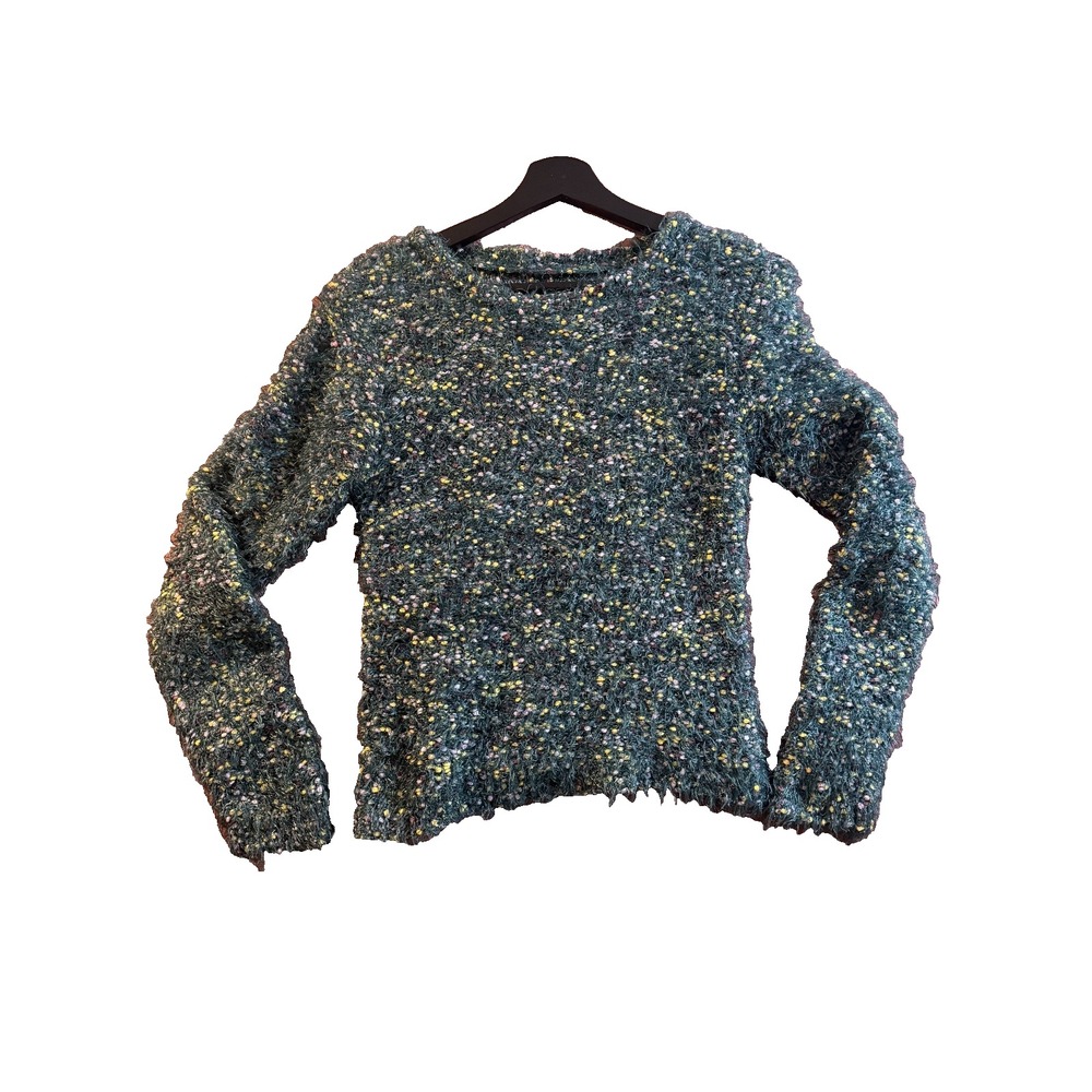 Women's Green Fuzzy Eyelash Knit Sweater Multicolor Confetti Long Sleeve - XS